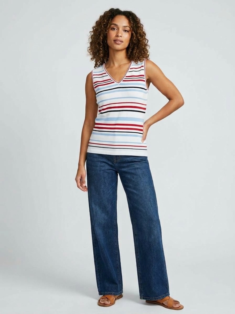 White Stag Striped V-Neck Sleeveless Sweater in White, Red, Blue, Size Medium